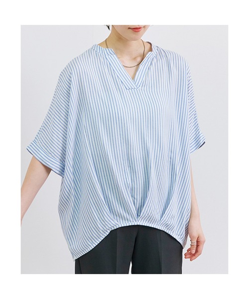 美品 ティッカ 洗えるストライプスキッパーシャツ ブラウス コットンリネン TICCA＞ストライプ スキッパー シャツ