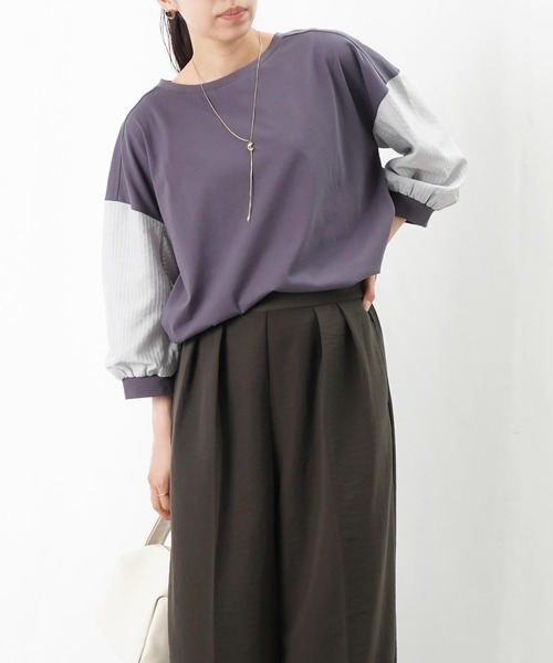 tシャツ LC/LLL シアーストライプブロッキングカットソー レディース セール】LC/LLL シアーストライプブロッキングカットソー（T