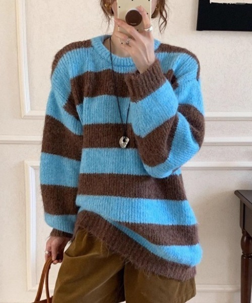 TOWAVAS カシミア　ボーダーニット　ブルー LACーVERT ニット セーター オーバーサイズボーダーニット レディース