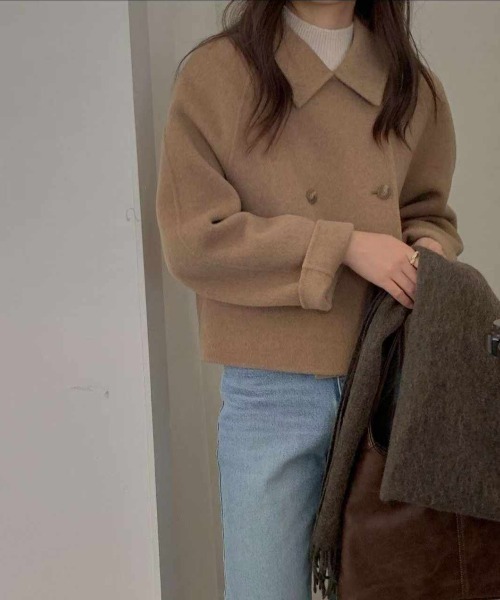 FAVORITO ピーコート pコート 襟付きダブルブレストショートメルトン