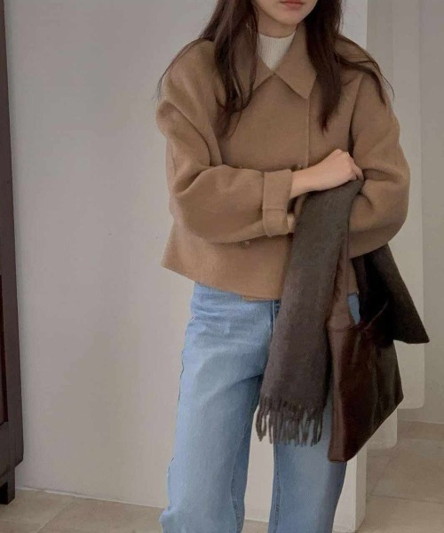 もちもち 23区ベージュ ウール混合 ピーコート ダブルブレスト FAVORITO ピーコート pコート 襟付きダブルブレストショートメルトン