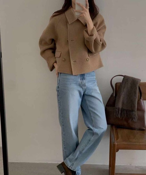 FAVORITO ピーコート pコート 襟付きダブルブレストショートメルトン