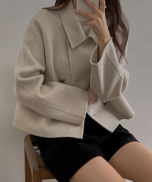 FAVORITO ピーコート pコート 襟付きダブルブレストショートメルトン