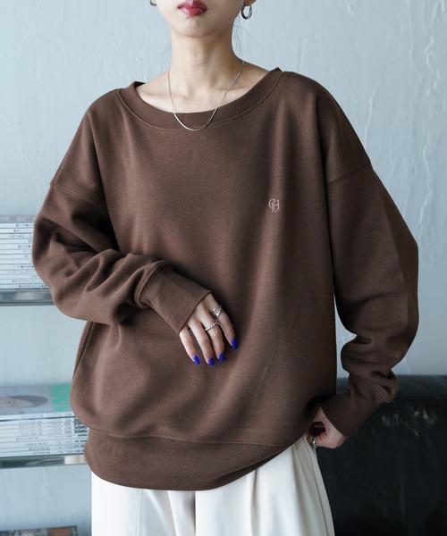 トレーナー スウェット ボートネックカラフル刺繍スウェット