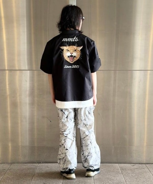 mmts（マミタス） ブラウス シャツ 半袖 猫刺繍 開襟シャツ レディース