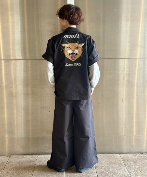 mmts（マミタス） ブラウス シャツ 半袖 猫刺繍 開襟シャツ レディース