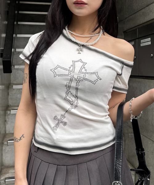 lilful tシャツ 半袖 Y2K クロスプリント グラデーション ワン