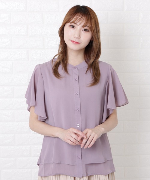 Lace Ladies ブラウス シャツ バンドカラーフレア袖ブラウス