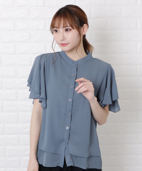 Lace Ladies ブラウス シャツ バンドカラーフレア袖ブラウス