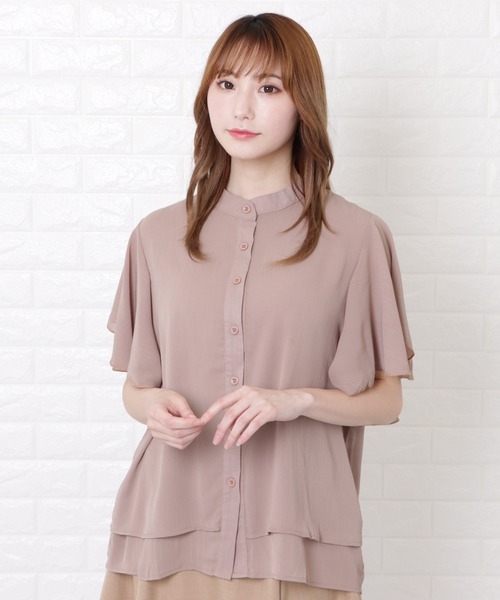 ブラウス シャツ バンドカラー長袖シャツ レディース Lace Ladies ブラウス シャツ バンドカラーフレア袖ブラウス