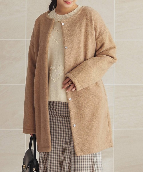 ノーカラーコート　ウールコート　ベージュ　新品未使用　Sサイズ　冬服　ビーワイ WEB限定】ノーカラーダブルウールコート(コート)｜TO BE CHIC
