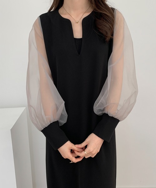 4色 ワンピース 半袖 ドレス 異素材 プリーツ シアー感 細見え 4色 ワンピース 半袖 ドレス 異素材 プリーツ シアー感 細見え