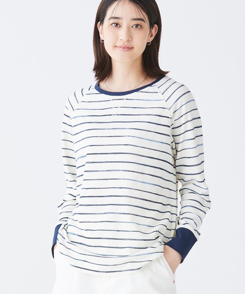 tシャツ アンシュリンカブル・ミニワッフル・ティ、長袖　クルーネック　ストライプ 米国フィット・プチ レディース