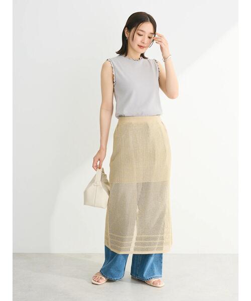 スカート 2way メッシュ編みニットIラインスカート(ペチ付き 