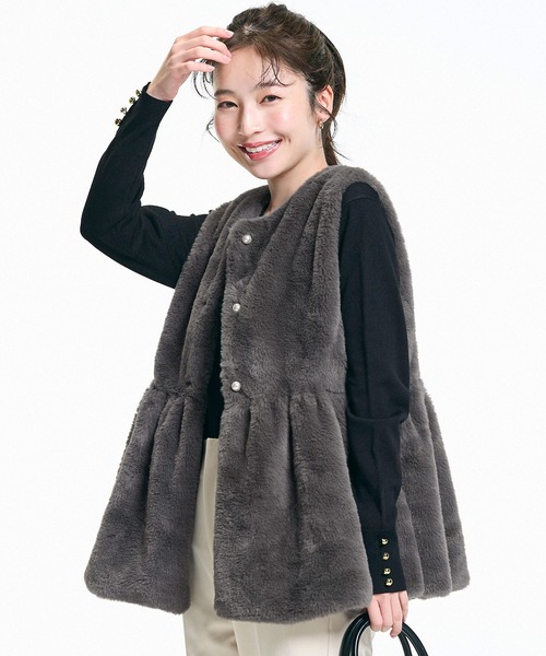 ◆美品　エムズグレイシー　リボンペプラム　エコファーベスト　40◆ ◇美品 エムズグレイシー リボンペプラム エコファーベスト 40