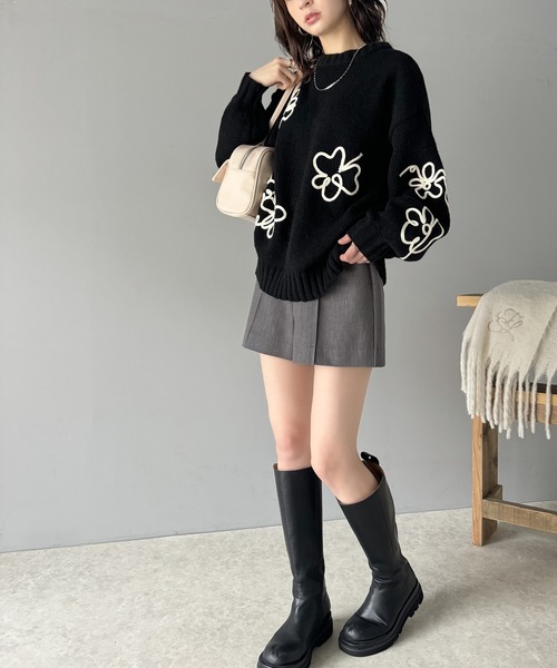 【mily bilet】 トップス ニット レディース ウール ライク フラワー コード 刺繍 プルオーバー ドロップショルダー ボリューム袖 ゆるっと classicalelf 【mily bilet】 トップス ニット レディース