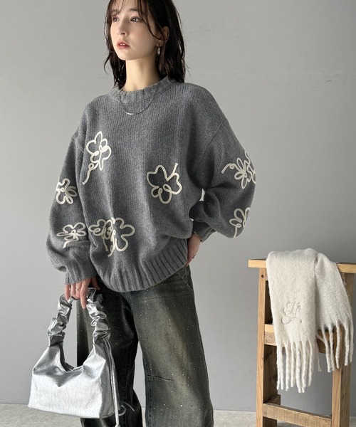 【mily bilet】 トップス ニット レディース ウール ライク フラワー コード 刺繍 プルオーバー ドロップショルダー ボリューム袖 ゆるっと classicalelf 【mily bilet】 トップス ニット レディース