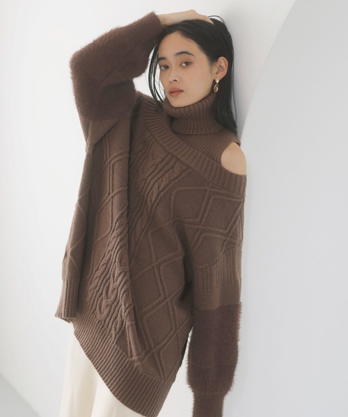 VIS（ビス） ワンピース 「洗える」オフショルケーブル編みミニ