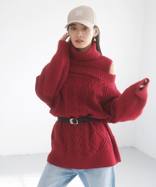 VIS（ビス） ワンピース 「洗える」オフショルケーブル編みミニ