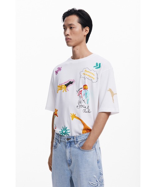 mayuタグ付き新品 Desigual デシグアル 刺繍デニムパンツ 28 Desigual ジーンズ グラフィック刺繍デニムパンツ ワイド メンズ