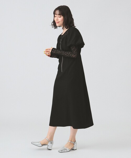 Ray BEAMS RBS / ジャガード　パフスリーブ　フレアワンピース Ray BEAMS ワンピース ジャカード スクエアネック パフスリーブ