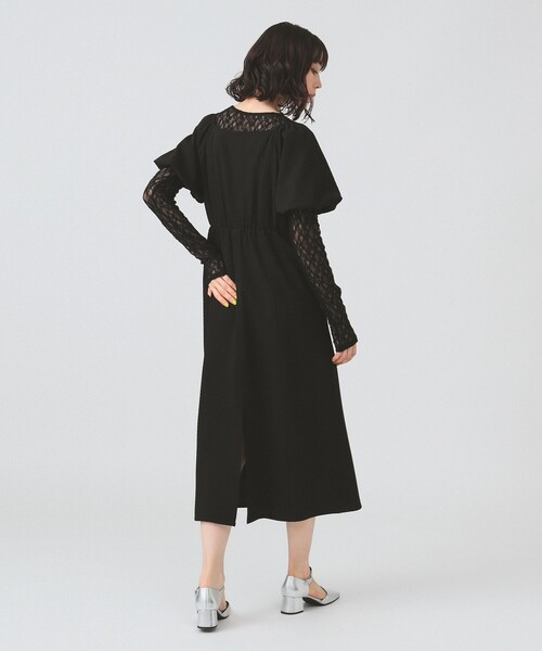 Ray BEAMS RBS / ジャガード　パフスリーブ　フレアワンピース Ray BEAMS ワンピース ジャカード フロント ジップ パフ
