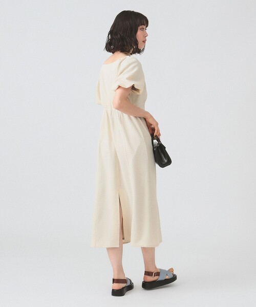 Ray BEAMS RBS / ジャガード　パフスリーブ　フレアワンピース Ray BEAMS ワンピース ジャカード スクエアネック パフスリーブ