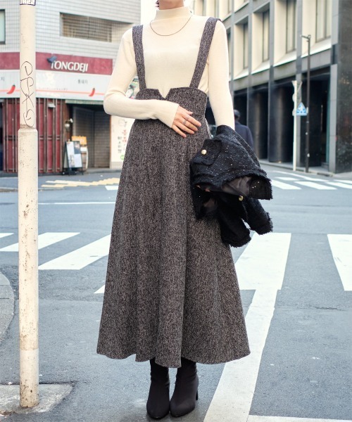 ジャンパースカート ツイード調フロントジップハイウエストジャンスカ