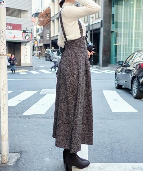 ジャンパースカート ツイード調フロントジップハイウエストジャンスカ
