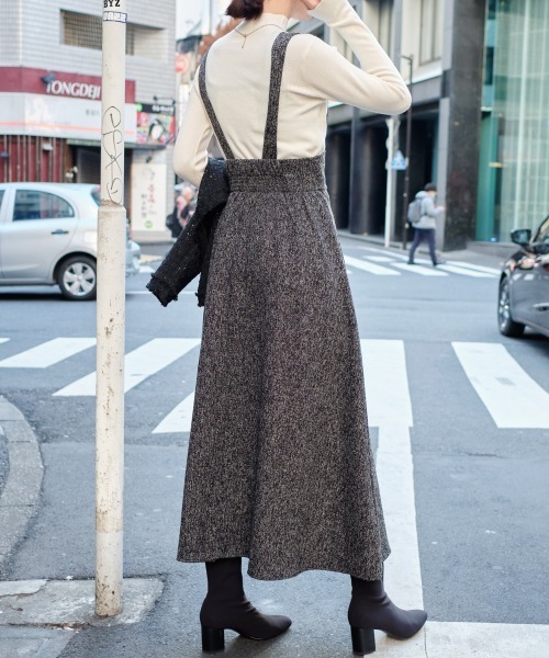 ワイズジャンパースカート ジャンパースカート ツイード調フロントジップハイウエストジャンスカ