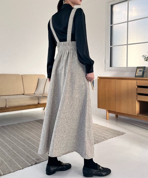 ジャンパースカート ツイード調フロントジップハイウエストジャンスカ