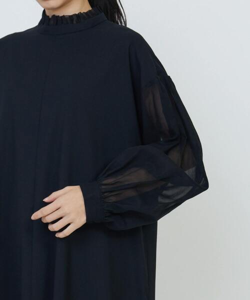 LOISIR ブラック 半袖 Aライン ワンピース LOISIR ワンピース エステルウールトロピカルクロス異素材コンビ