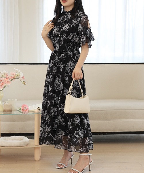 花柄フリル袖ワンピース 黒 Lace Ladies（レースレディース） ワンピース 花柄 袖コンシャス