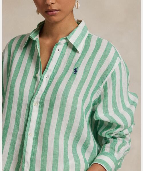 美品☆POLO RALPH LAUREN ギンガム リネン タイネック ブラウス Polo Ralph Lauren｜リネンギンガムチェックブラウス
