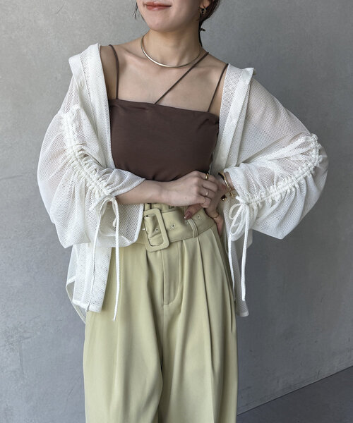 ブラウス シャツ 袖シャーリングメッシュシアーシャツ レディース Thevon ブラウス シャツ 袖シャーリングメッシュシアーシャツ