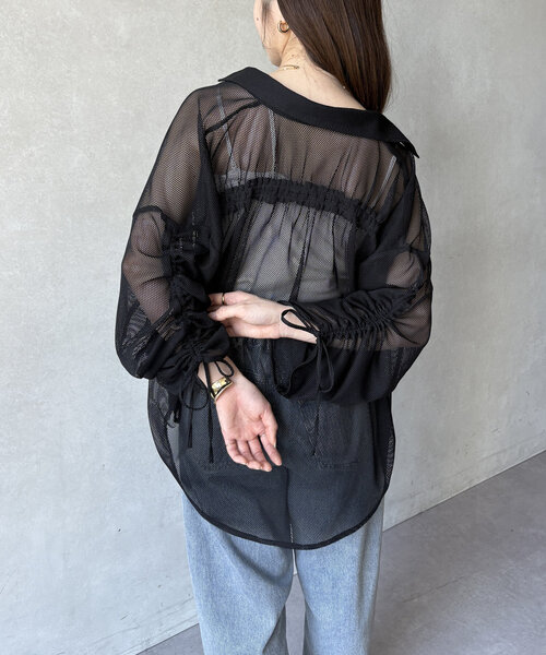 ブラウス シャツ 袖シャーリングメッシュシアーシャツ レディース Thevon ブラウス シャツ 袖シャーリングメッシュシアーシャツ