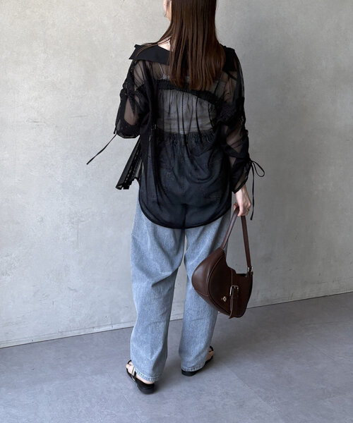 Thevon ブラウス シャツ 袖シャーリングメッシュシアーシャツ