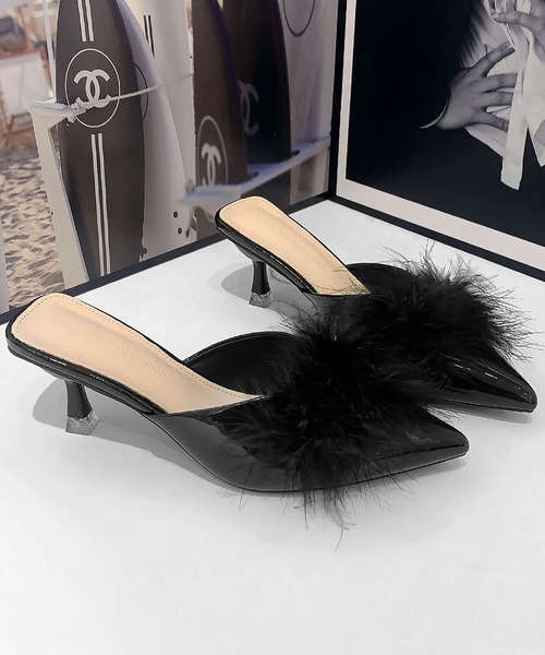 LOEWE ポインテッドトゥ ハイヒール LOWO パンプス ファー ポインテッドトゥ ミュール サンダル