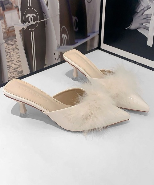 LOEWE ポインテッドトゥ ハイヒール LOWO パンプス ファー ポインテッドトゥ ミュール サンダル