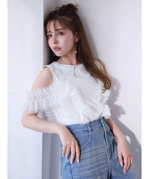 tシャツ フリルギャザードッキングカットソー レディース