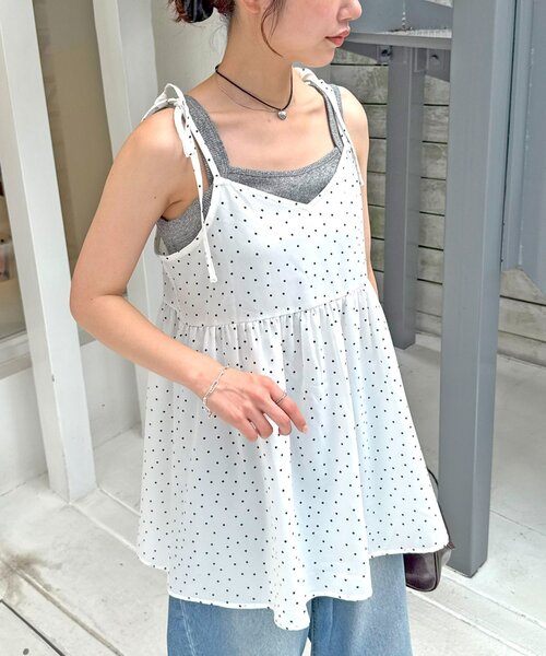 ブラウス シャツ 「umm.」肩リボンドット柄キャミチュニック レディース Discoat ブラウス シャツ 「umm.」肩リボンドット柄キャミ