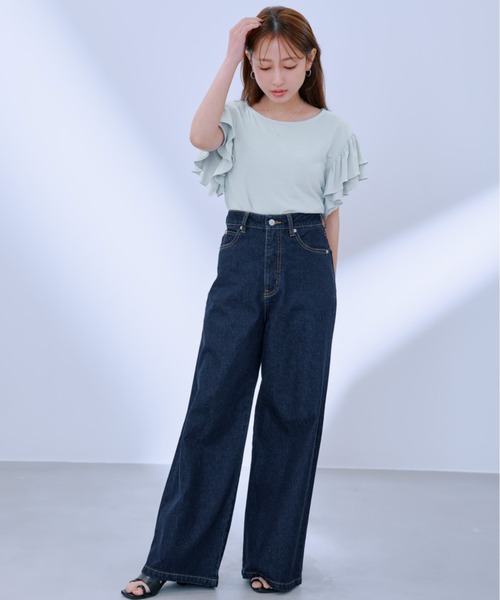 COHINADENIM フレア ワイド デニム ダークブルー　コヒナ　XS COHINA DENIM フレアワイド-short & regular | 小柄・低身長女性