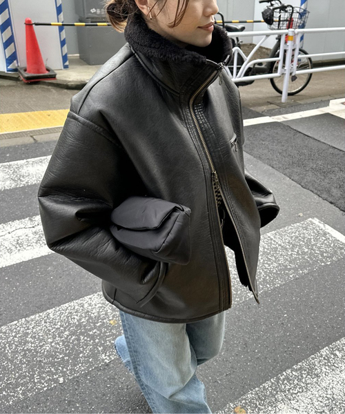 BONBON ボアフリースPUレザージャケット 新品未使用 フェイクレザーボンバージャケット[品番：GS000022516]｜Re:EDIT