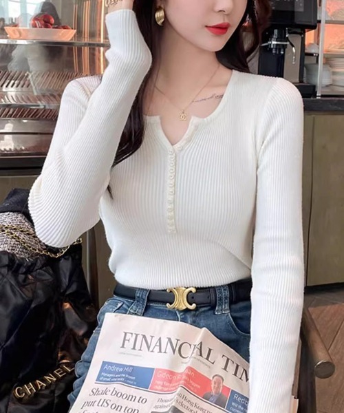 ヘンリーネック tシャツ ヘンリーネックシンプルリブトップス