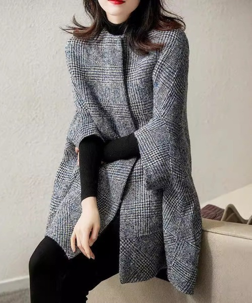 deux amour コート アウター グレンチェックケープ風ガウンコート