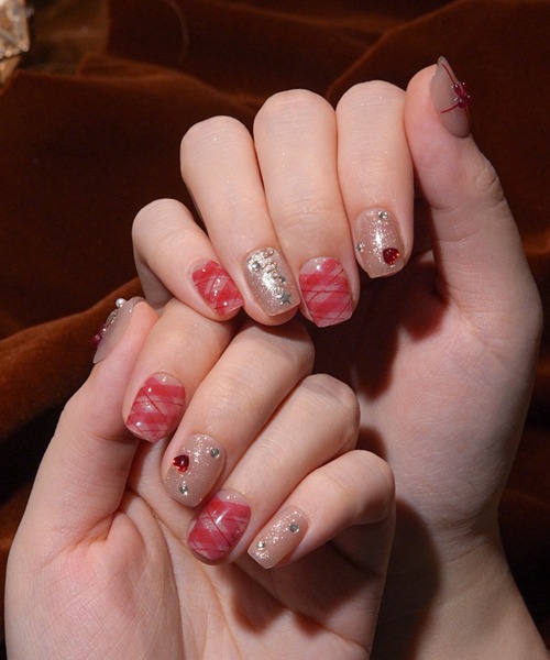 チェックネイル ベリーショート クリスマス ネイルチップ トレンド protectshop_tomo224363