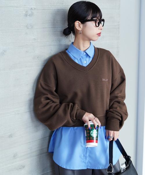 トレーナー スウェット Vネック刺繍ショート丈スウェット レディース