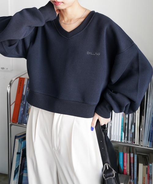 トレーナー スウェット Vネック刺繍ショート丈スウェット レディース