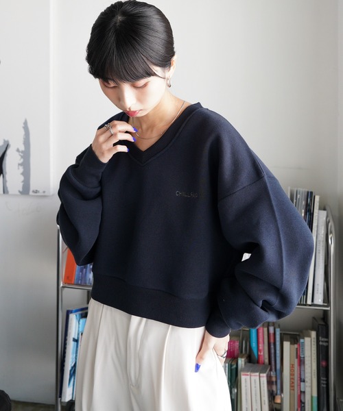 トレーナー スウェット Vネック刺繍ショート丈スウェット レディース