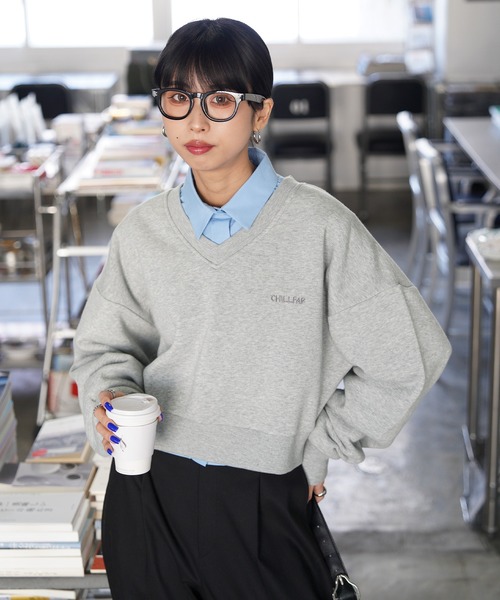 トレーナー スウェット Vネック刺繍ショート丈スウェット レディース